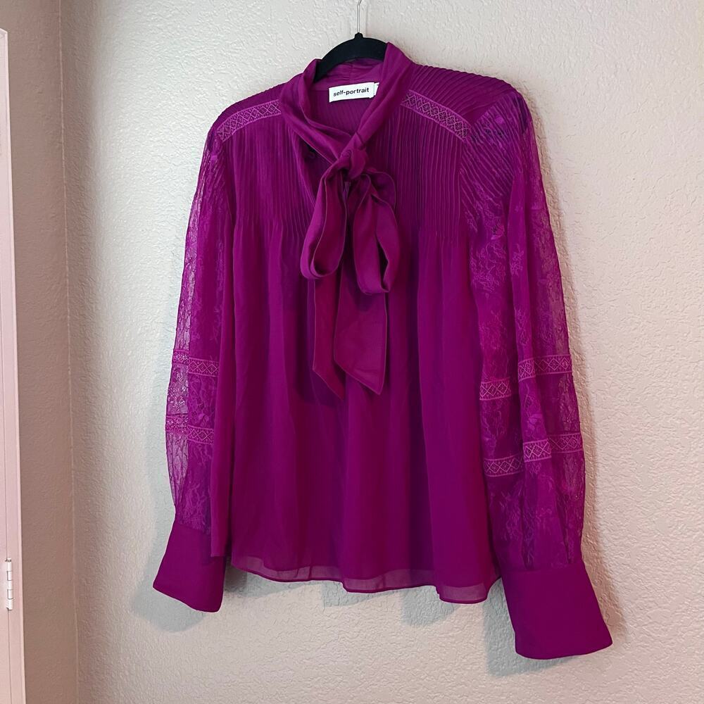 Self Portrait Chiffon Lace Blouse Long Sleeve Pussybow Purple Pink Sheer - Picture 3 of 6